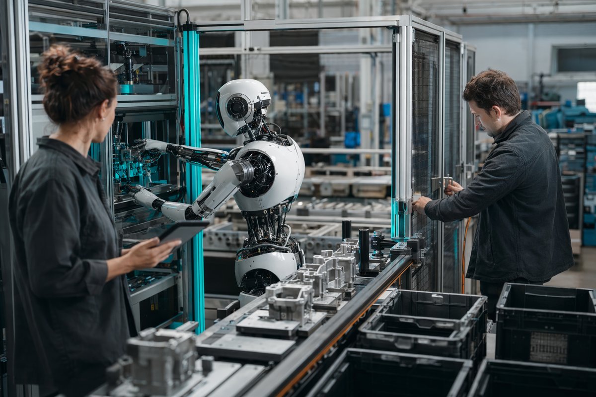 Humanoid physical AI robots in manufacturing working beside technicians on a factory line