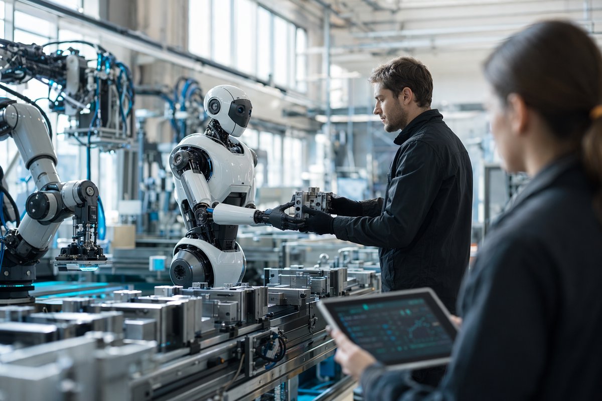 Humanoid robot working beside factory machinery, illustrating physical AI robots in manufacturing integration