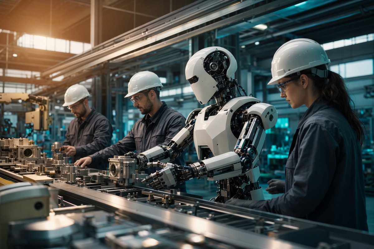 Physical AI robots in manufacturing: humanoid robot beside Schaeffler factory equipment