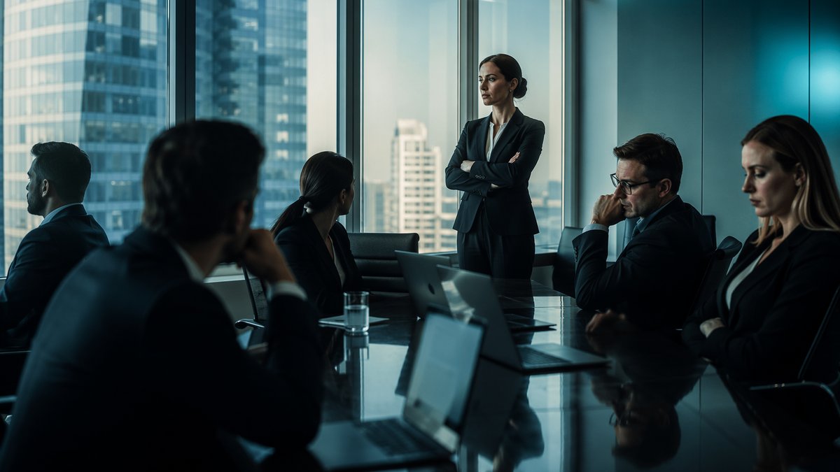Professional silhouette standing apart from a group, moral stance on AI highlighted on cover