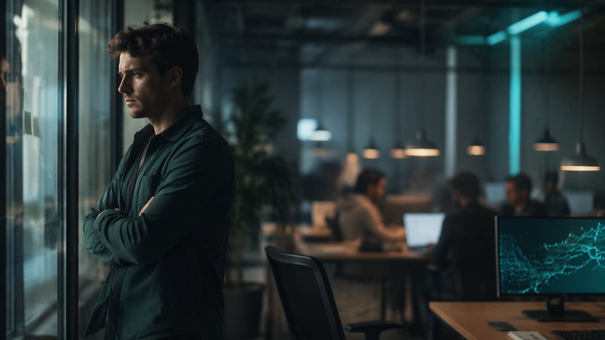 Concerned professional speaking alone in a meeting room about moral stance on AI