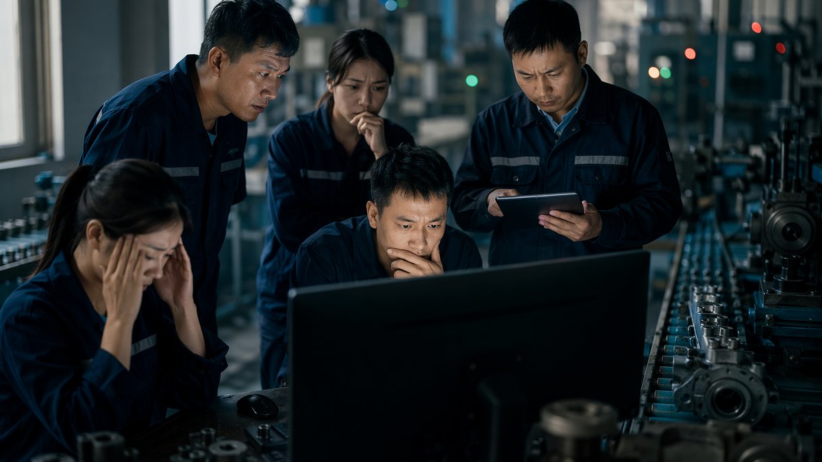 Workers reviewing AI risk charts beside warning icons, showing moral stance on AI