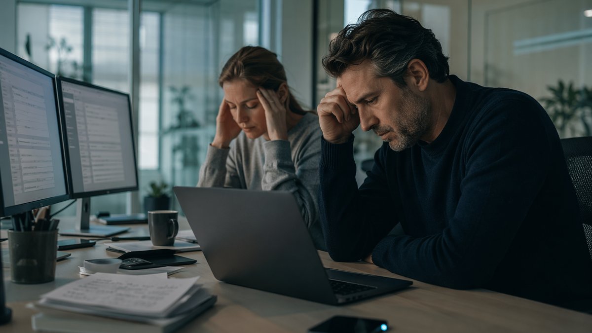 Frustrated office worker reviewing repetitive AI-generated responses on a laptop, showing AI fatigue in the workplace