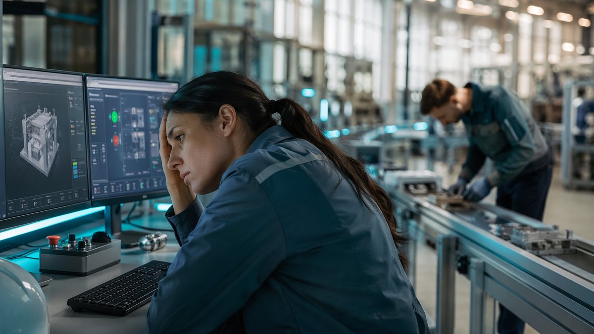 Manufacturing engineer reviewing AI consultation dashboard, illustrating AI fatigue in the workplace