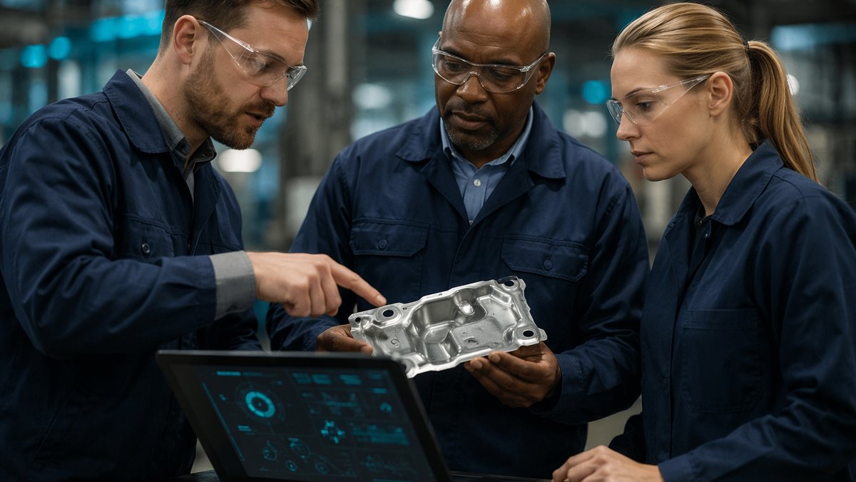 Manufacturing leader reviewing dashboard with team to reduce AI fatigue in the workplace