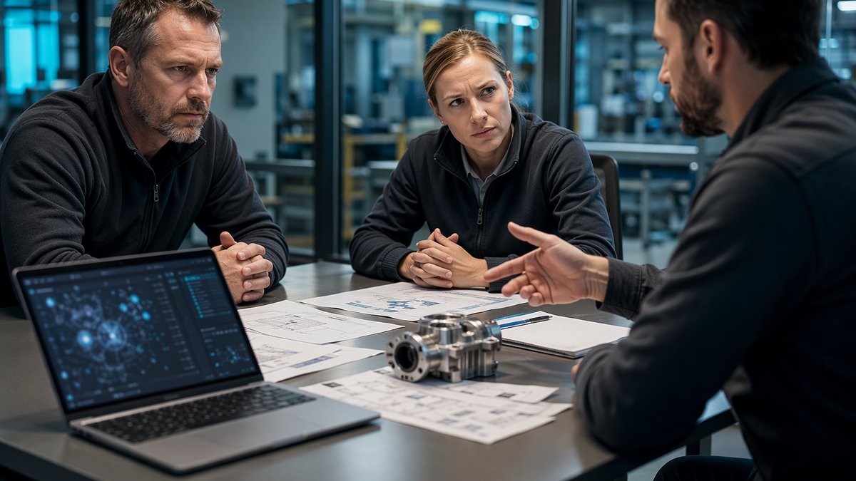 Manufacturing leader reviewing dashboard while AI fatigue in the workplace strains communication
