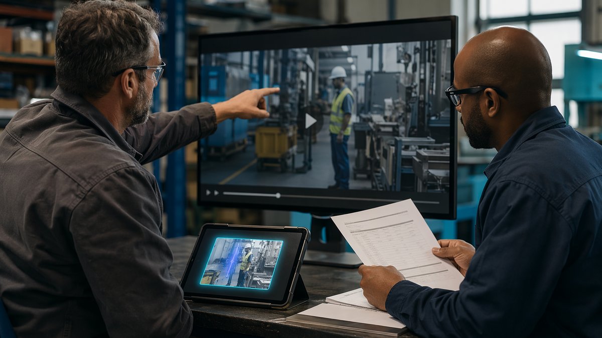 Factory team reviewing automatic AI video labeling on a laptop screen