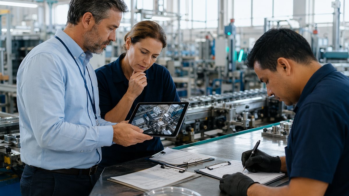 Quality manager reviewing a manufacturing dashboard with automatic AI video labeling on screen