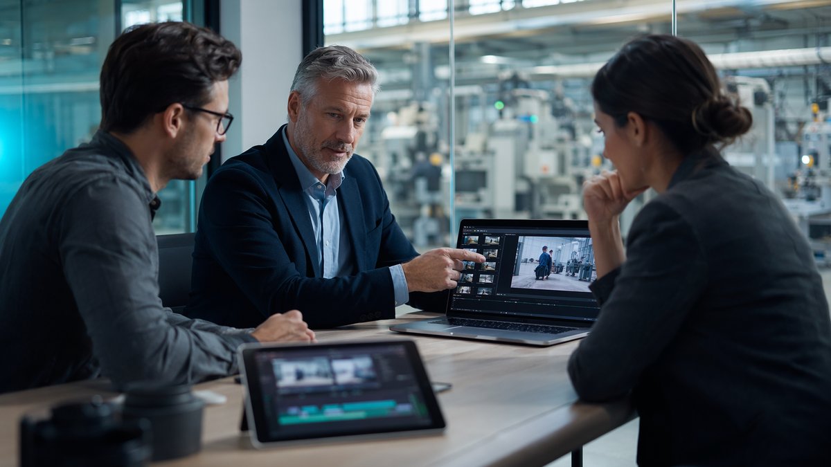 Manufacturing executive reviews video clips and charts for automatic AI video labeling planning