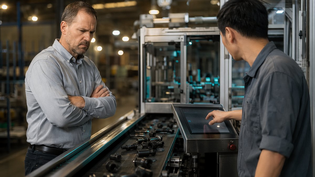 AI automation risk highlighted by factory monitor screens and worried operations leaders