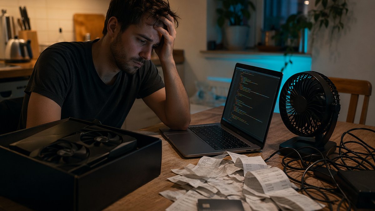 Busy professional comparing AI coding at home hardware costs, upgrades, and model limits