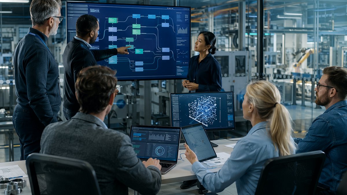AI development tech stack cover showing industrial teams deploying AI in manufacturing