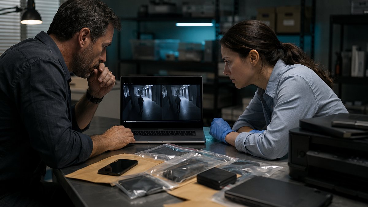 AI evidence police investigation scene with digital files and a courtroom gavel