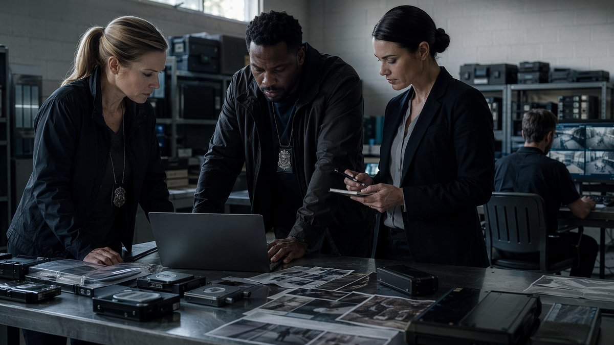 Police investigator reviewing digital files and AI evidence police investigation documents on screen