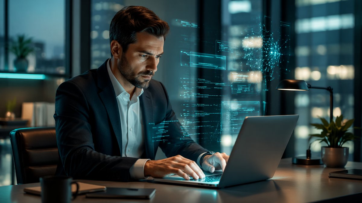 AI flow state for coding cover with focused leader and glowing code interface