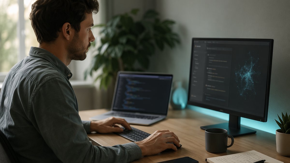 Developer coding beside a checklist and timer to sustain AI flow state for coding
