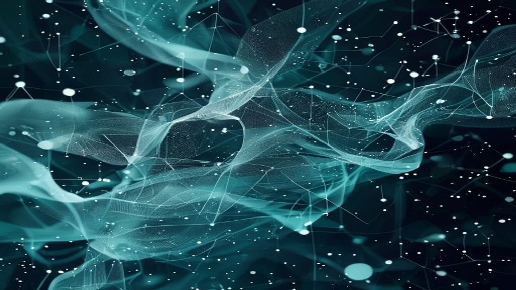 A mathematician collaborates with AI on a screen filled with complex equations and visual data patterns