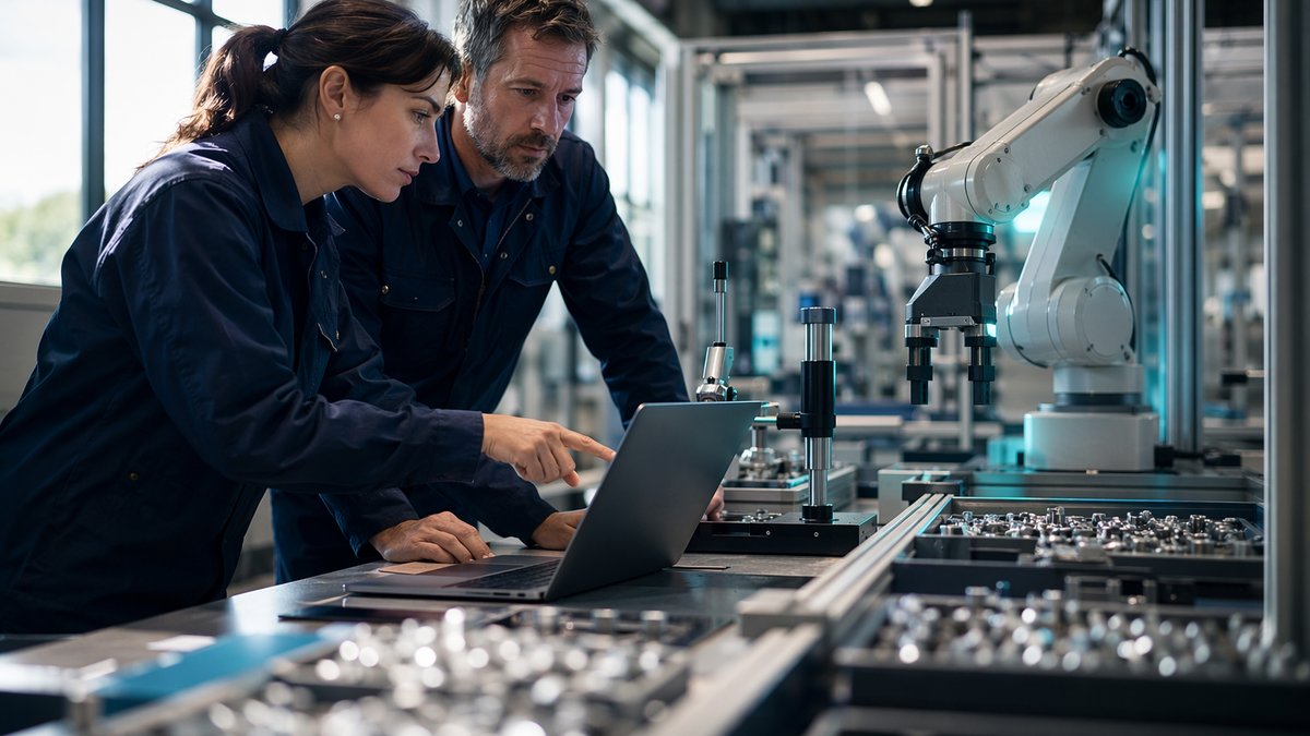 Manufacturing leader reviewing AI in software engineering dashboard with quality metrics and ROI figures