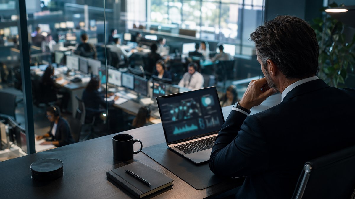 CEO reviewing a dashboard about AI in the workplace from a glass office