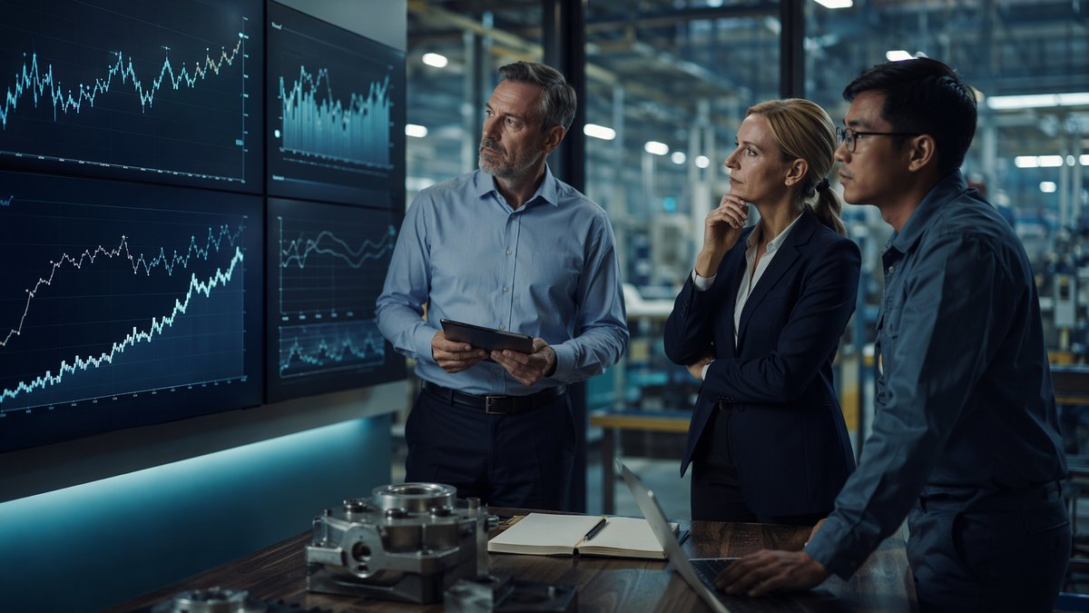 Manufacturing executives reviewing dashboard charts about AI industry slowdown impacts