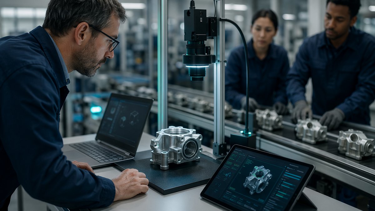 Manufacturing team reviewing dashboard charts for AI code limitations in quality control
