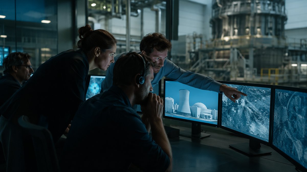 Operator monitors AI nuclear simulation dashboard during high-pressure manufacturing decision review