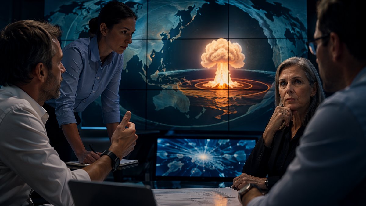 AI nuclear simulation visuals contrast with AI models like Claude navigating trust and deception in psychological warfare scenarios