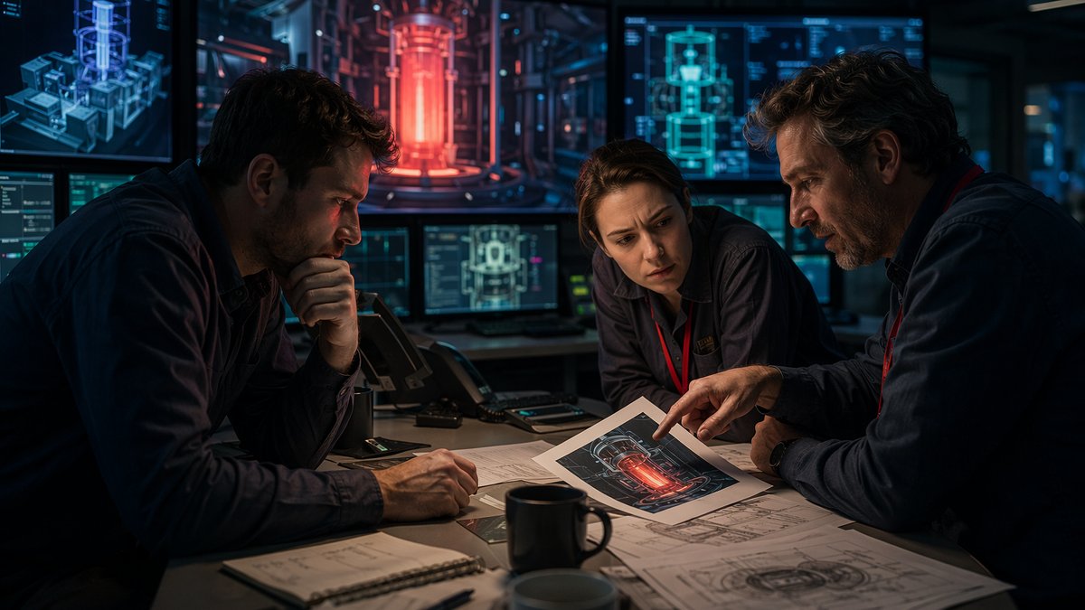 AI nuclear simulation graphic showing a human expert reviewing a digital model with caution