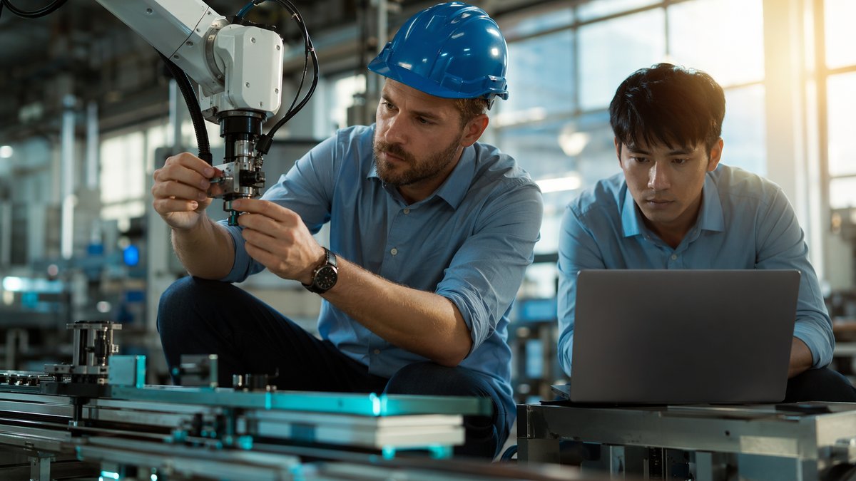 Factory engineer reviewing AI trends in manufacturing on a laptop display