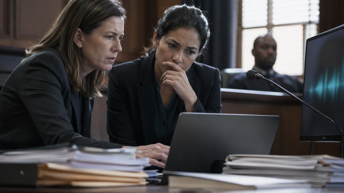 Judge reviewing AI in criminal justice data beside courtroom documents and laptop