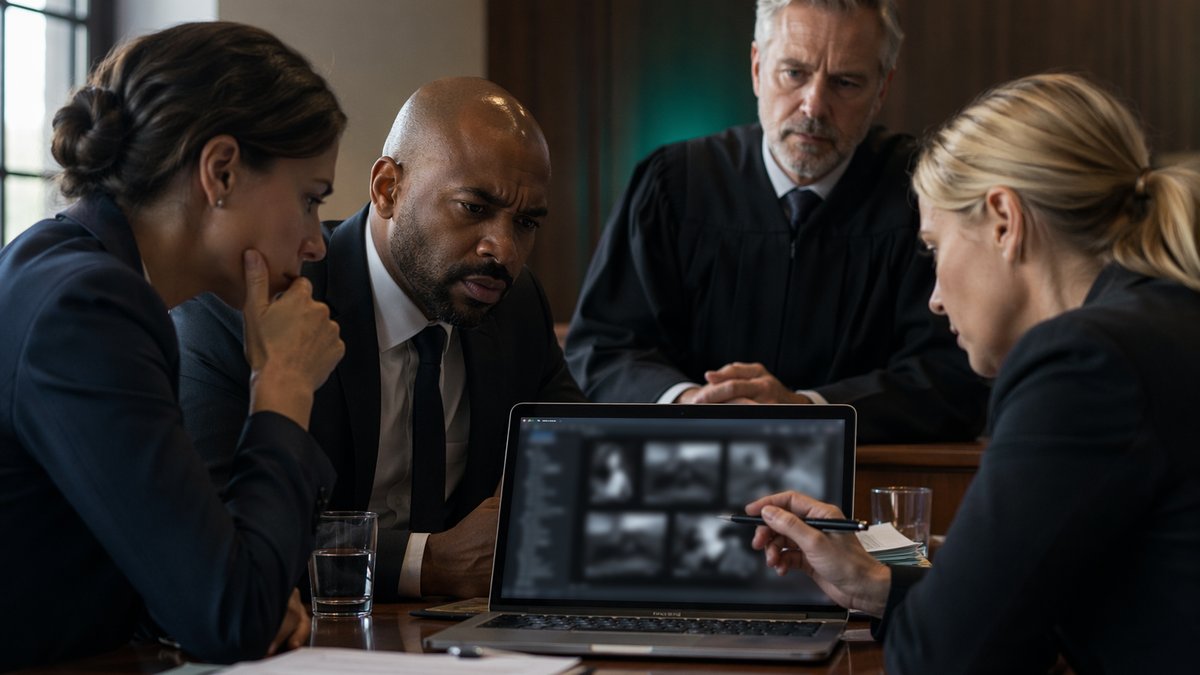 Judge reviewing evidence charts showing AI in criminal justice rollout constraints