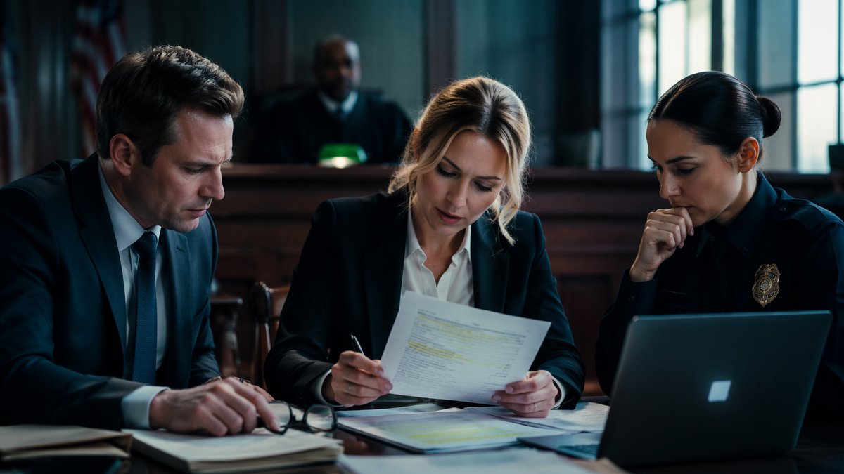 AI in criminal justice illustrated by a judge reviewing court documents on a desk