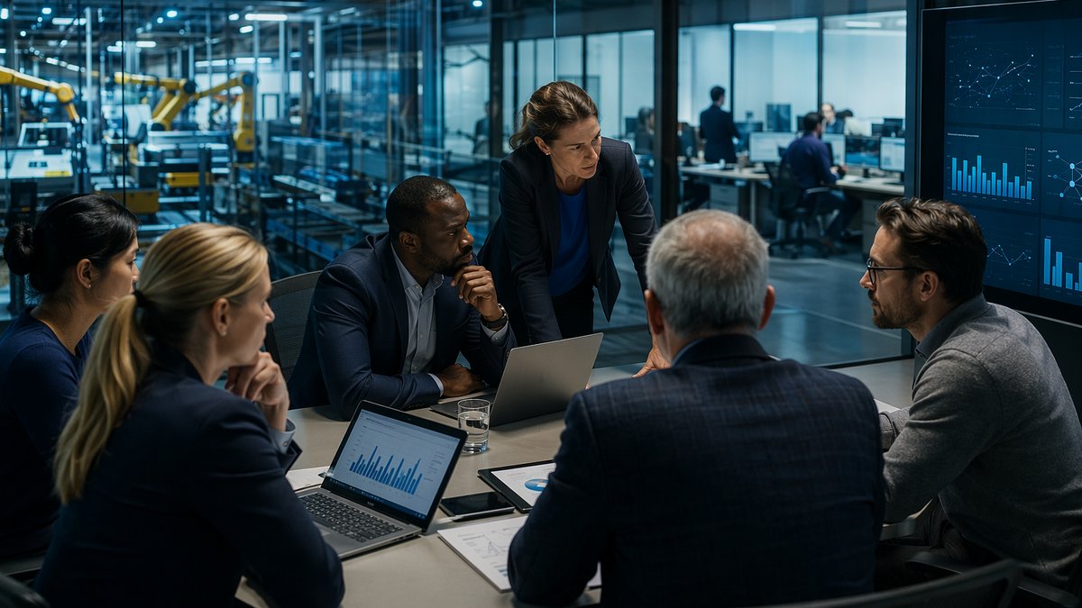 Business leader reviewing AI impact on jobs dashboard with automation graphs and office workers