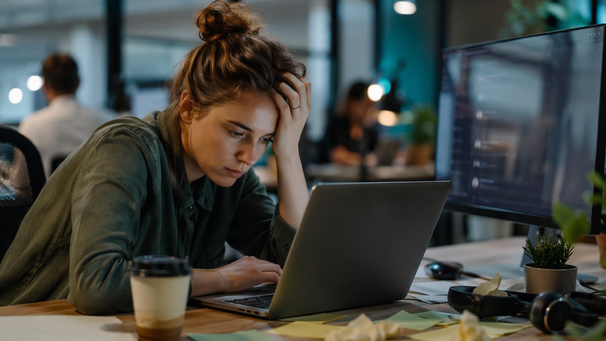 Overworked employee staring at laptop while botsitting AI job frustration fills the screen