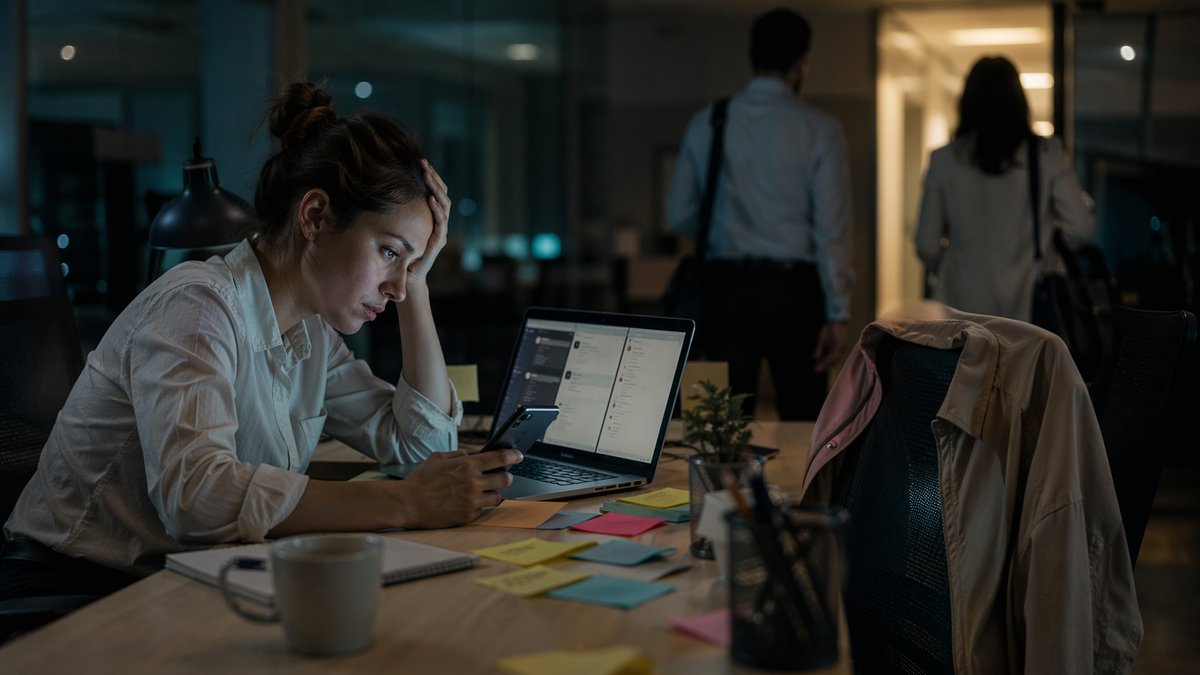 Frustrated employee at desk illustrating botsitting AI job frustration and retention strain