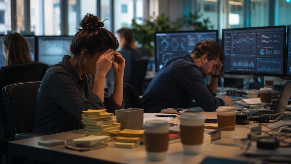 Cover image showing a frustrated worker monitoring screens during botsitting AI job frustration