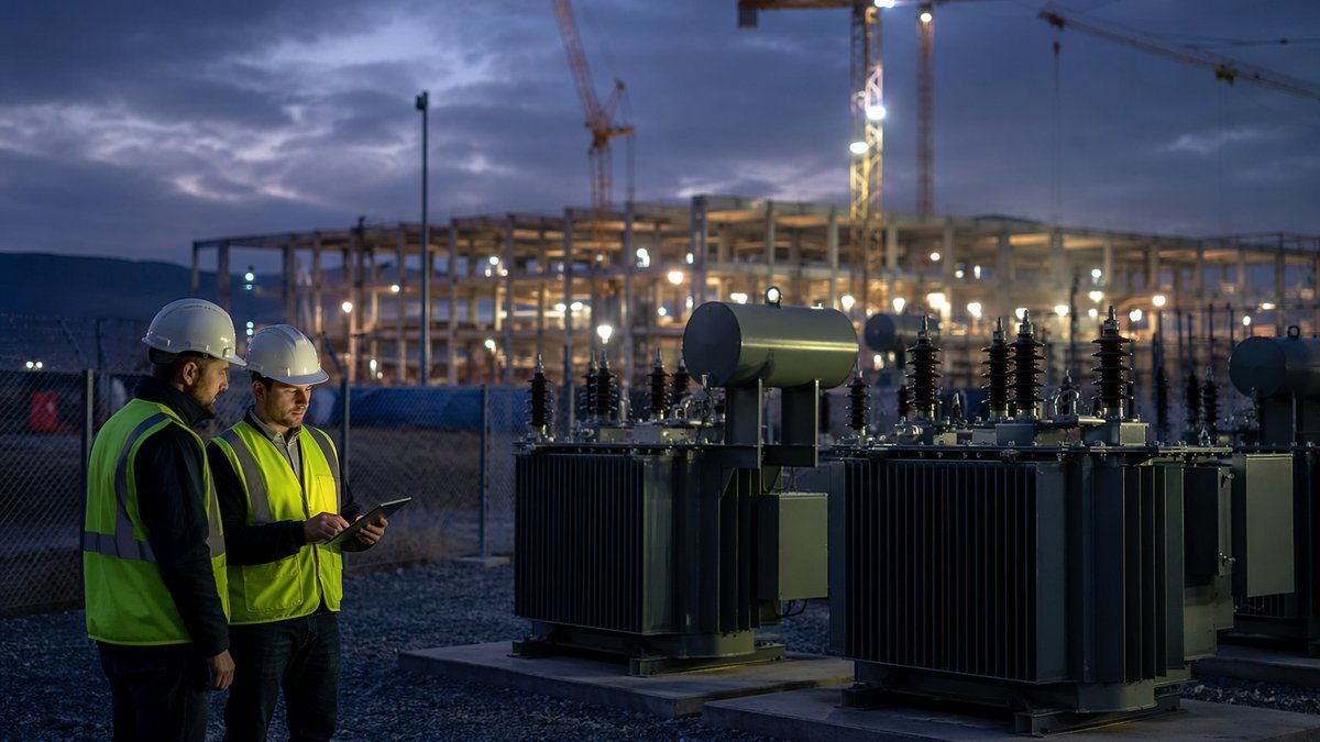 European datacenter construction site with cranes beside power lines for sovereign AI compute