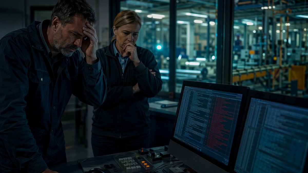 Manufacturing leader reviewing broken AI project notes after cleaning up after AI rockstar developers