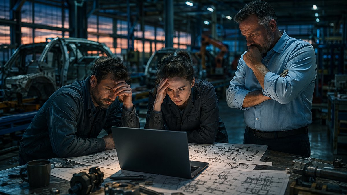 Illustration of manufacturing team cleaning up after AI rockstar developers at work