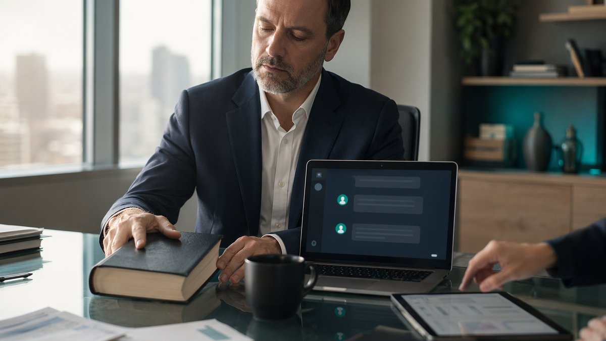 Executive reviewing AI replacing self-help books on a laptop beside stacked books