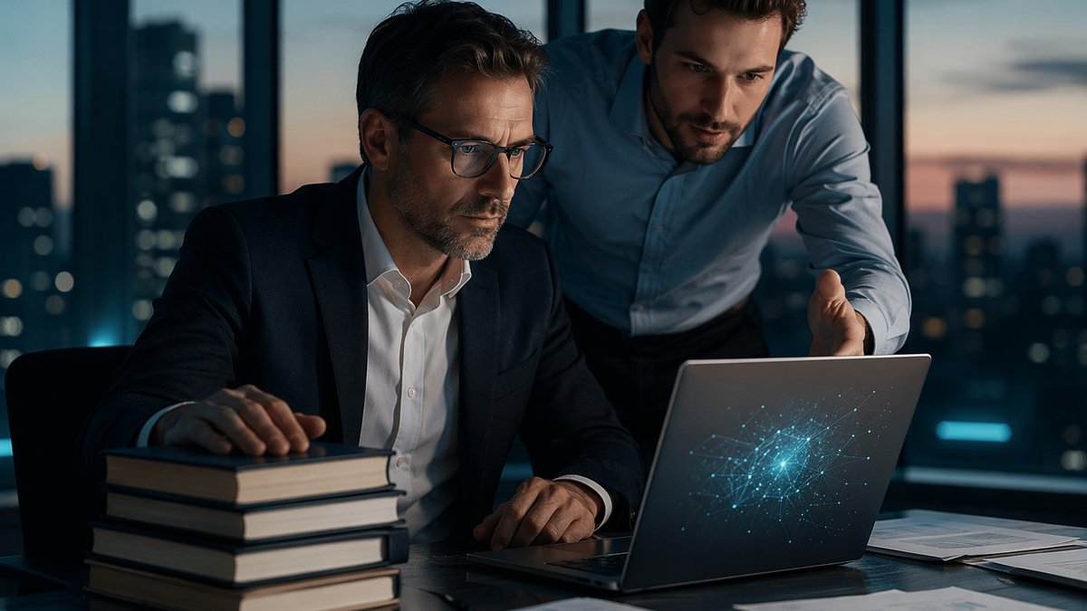 AI replacing self-help books cover with laptop, books, and glowing chatbot interface