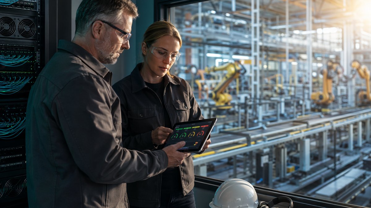 Manufacturing executive reviewing AI-driven cloud capacity dashboard with infrastructure risk metrics