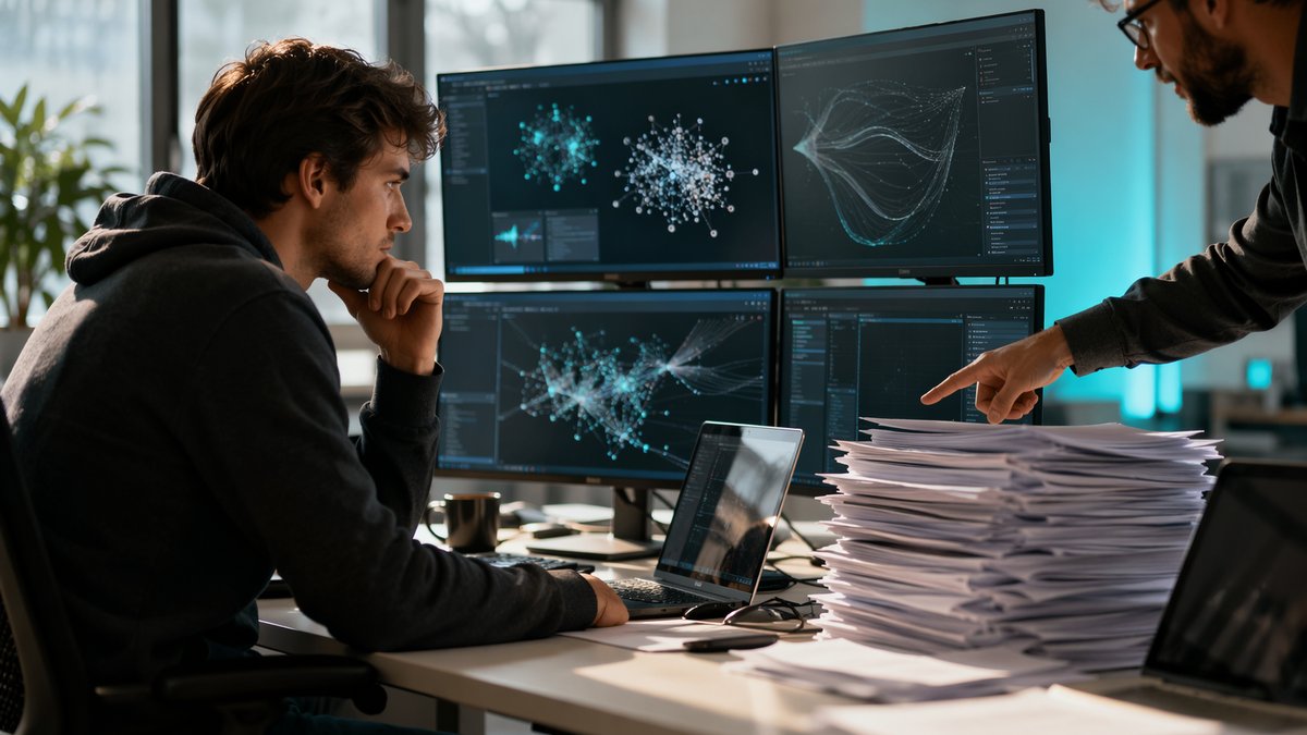 Benchmark charts showing recursive AI self-improvement and rapidly increasing task complexity handling