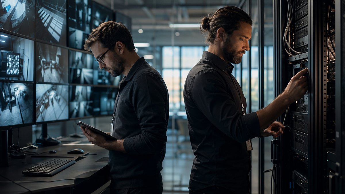 Monitors and security locks illustrate recursive AI self-improvement oversight and safeguards