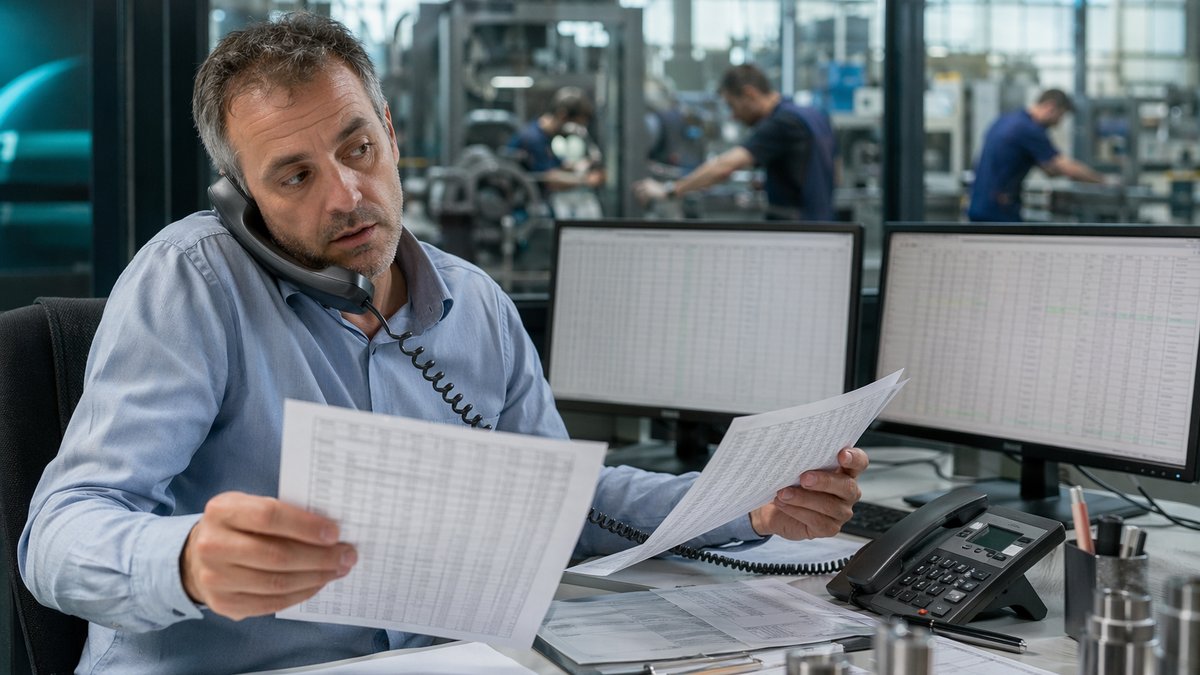 Quality manager overwhelmed by paperwork while Siri AI for manufacturing streamlines admin tasks
