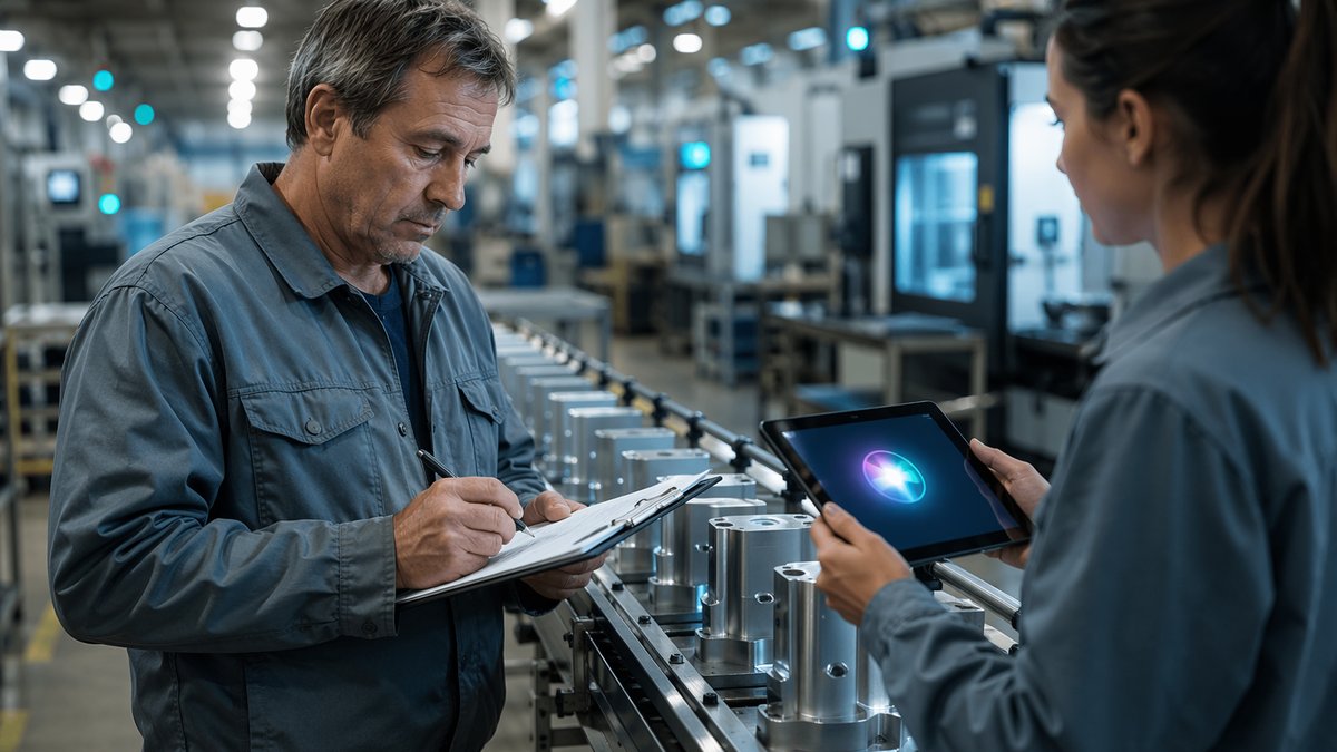 Factory workers reviewing paperwork beside machines, illustrating Siri AI for manufacturing bottlenecks