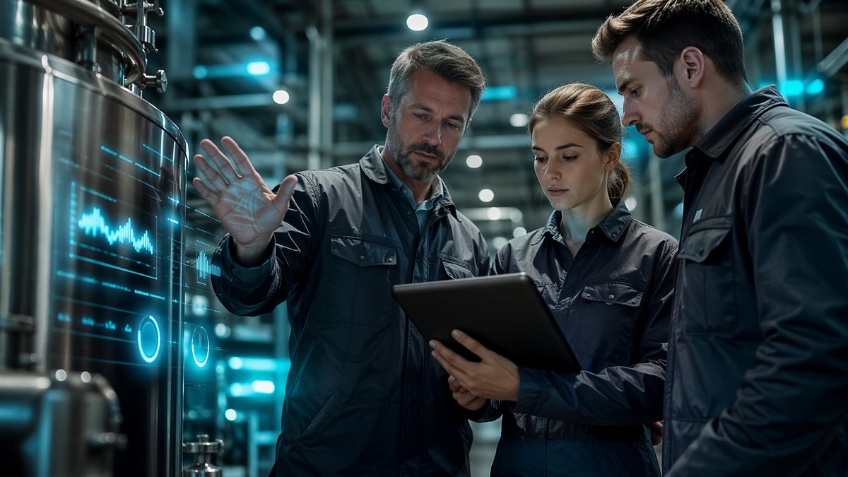 Siri AI for manufacturing cover image with factory dashboard and executive reviewing data