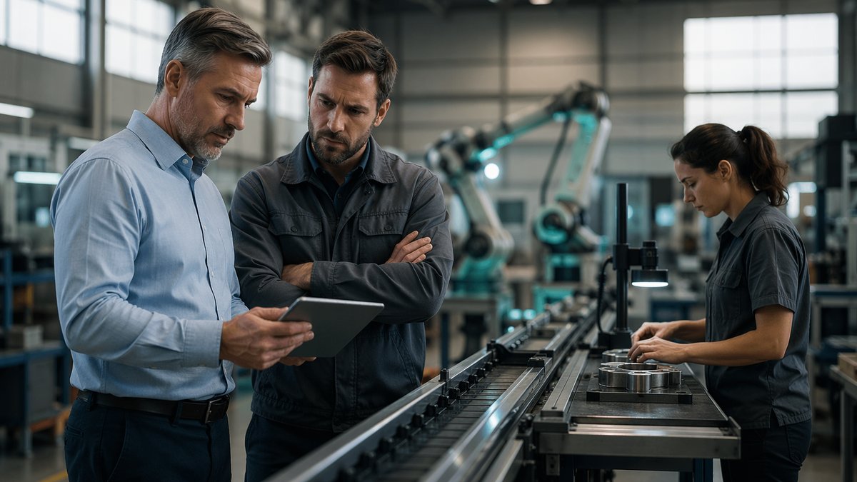 Manufacturing executives reviewing charts and comments shaped by ai adoption skepticism