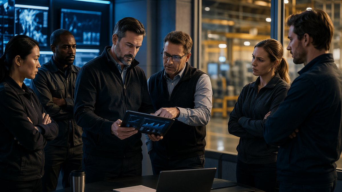 Manufacturing leader reading laptop beside chart on ai adoption skepticism and Hacker News concerns