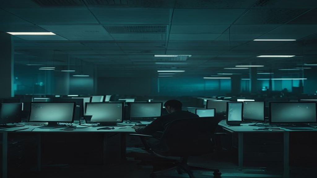 A junior programmer reviews code on a screen as an AI logo appears in the background, symbolizing AI's impact on the job market